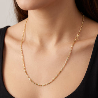 Superior Silver 10K yellow gold diamond-cut link chain necklace worn on a model, 1.6mm width, 22-inch length.