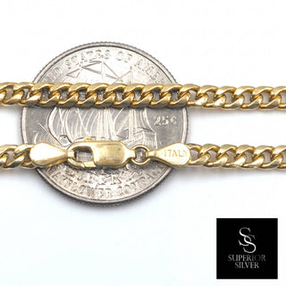 Superior Silver 10K yellow gold 3.5mm Miami Cuban link chain with lobster clasp shown against a US quarter for scale