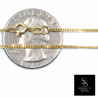 Superior Silver 10K yellow gold micro curb link chain with spring ring clasp, shown against a US quarter for scale.
