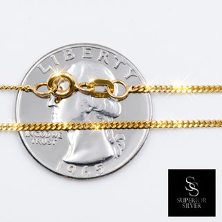 Superior Silver 10K yellow gold micro curb link chain with a spring ring clasp, shown against a US quarter for scale.