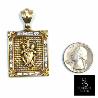 Superior Silver 10K yellow gold rectangular pendant featuring a triple sword design with CZ stones and diamond-cut trim