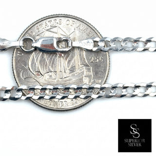 Superior Silver 10K white gold 3.7mm curb link chain with lobster clasp shown next to a US quarter for scale
