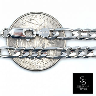 Superior Silver 10K white gold Figaro link chain with a lobster clasp, shown for scale against a US quarter coin.