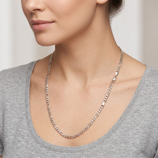 Superior Silver 10K white gold Figaro link chain, 4.8mm wide and 26 inches long, worn on a model's neck.