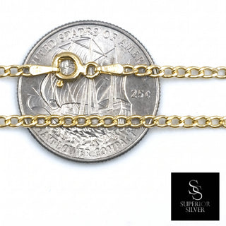 Superior Silver 10K yellow gold 1.9mm curb link chain with spring ring clasp shown against a US quarter for scale