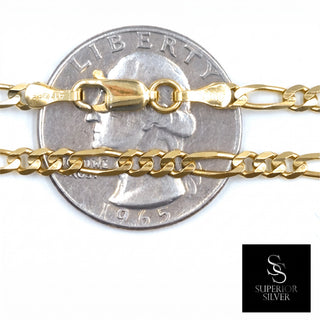 Superior Silver 10K yellow gold 3.3mm figaro link chain with a secure lobster clasp shown against a US quarter coin.