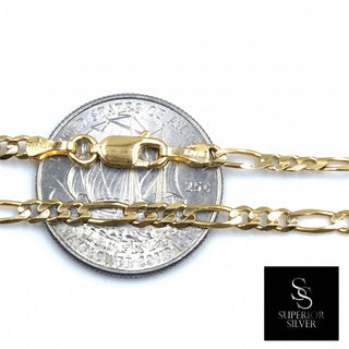 Superior Silver 10K yellow gold 3.2mm Figaro link chain with lobster clasp shown against a US quarter for scale.