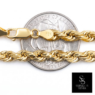 Superior Silver 10K yellow gold 4.3mm rope chain with a lobster clasp, shown against a US coin for scale.