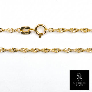 Superior Silver 24-inch Singapore link chain in solid 10K yellow gold with a spring ring clasp and 417 hallmark.