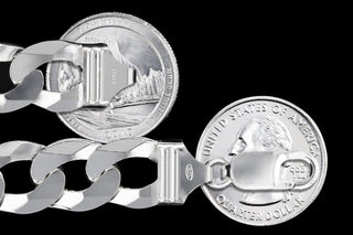 Superior Silver 11.3mm curb chain in polished 925 sterling silver with a lobster clasp, shown next to US quarters.