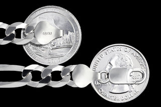 Superior Silver 11mm sterling silver figaro chain with lobster clasp, shown next to US quarters for scale.