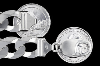 Superior Silver 13.5mm curb chain in 925 sterling silver with a lobster clasp, shown next to US quarters for scale.