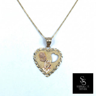 Superior Silver 14K yellow gold heart-shaped Quinceanera pendant featuring a rose design and diamond-cut detailing.