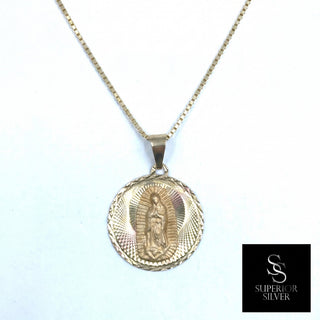 Superior Silver 14K yellow gold round Mother Mary medallion pendant with diamond-cut detailing on a box chain