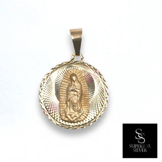 Superior Silver 14K yellow gold Mother Mary medallion pendant with intricate diamond-cut detailing and high polish.