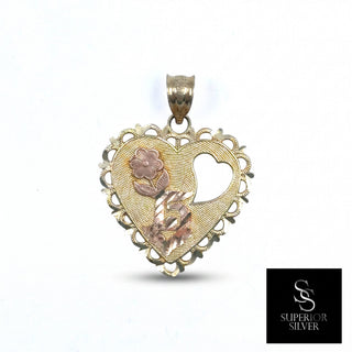 Superior Silver 14K yellow gold heart-shaped Quinceanera pendant featuring a diamond-cut flower and 15 Anos design.