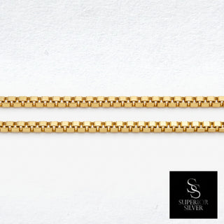 Superior Silver 14K yellow gold 0.9mm box link chain with a smooth square weave and reflective polished finish