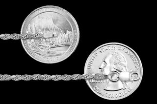 Superior Silver 2.8mm rope chain in 925 sterling silver with lobster clasp, shown next to US quarters for scale.