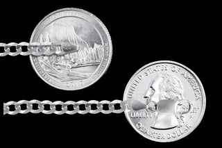 Superior Silver 3.7mm curb chain necklace in 925 sterling silver with a lobster clasp, shown next to a US quarter.