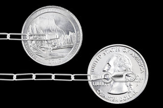 Superior Silver 3mm sterling silver paper clip chain with lobster clasp shown against US quarters for scale