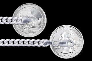 Superior Silver 4.2mm Miami Cuban chain in 925 sterling silver with lobster clasp, shown against US quarters for scale.
