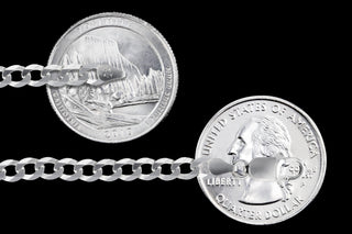 Superior Silver 4.4mm Italian sterling silver curb chain with spring clasp shown next to US quarters for scale