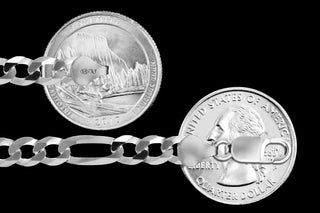 Superior Silver 5.2mm Italian sterling silver figaro chain featuring a secure lobster clasp against a black background