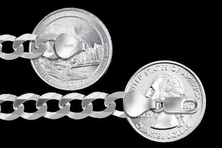 Superior Silver 7.8mm curb chain in polished 925 sterling silver with a lobster clasp, shown next to US quarters.