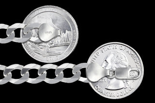 Superior Silver 8.8mm curb chain in 925 sterling silver with lobster clasp, shown next to US quarters for scale.