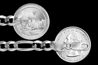 Superior Silver 8mm flat figaro chain in 925 sterling silver with lobster clasp, shown next to US quarters for scale.