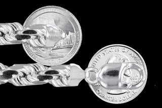 Superior Silver 9.7mm rope chain in polished 925 sterling silver with a lobster clasp, shown next to US quarters.