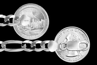 Superior Silver 9.8mm figaro chain in polished 925 sterling silver with a lobster clasp, shown next to a US quarter.