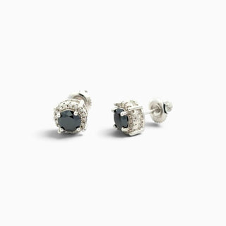 Superior Silver 7mm round black moissanite halo stud earrings in rhodium-plated sterling silver with screw backs.