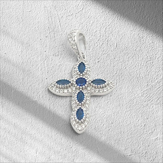 Superior Silver sterling silver cross pendant featuring blue marquise cubic zirconia stones and clear CZ accents.