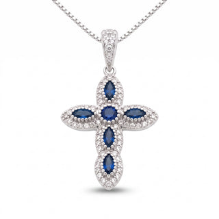 Superior Silver sterling silver cross pendant featuring marquise-cut blue cubic zirconia and clear accent stones.