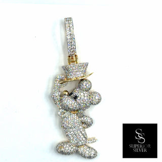 Superior Silver cartoon mouse pendant in 10K yellow gold fully iced with 2.88 carats of sparkling natural diamonds.