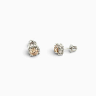 Superior Silver 7mm round champagne moissanite halo stud earrings in rhodium-plated sterling silver with screw backs.