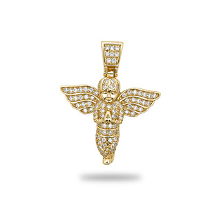 Angled view of the Superior Silver cherub angel moissanite pendant in yellow gold vermeil.