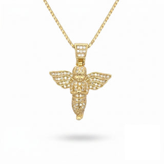 Superior Silver gold-tone cherub angel moissanite pendant shown on a fine box chain.