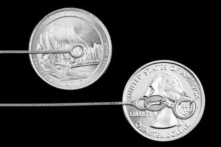 Superior Silver 1mm diamond-cut box chain in 925 sterling silver with a spring clasp, shown against US quarters.