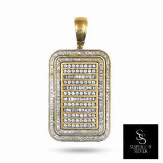 Superior Silver 10K yellow gold dog tag pendant featuring 2 carats of baguette and round cut natural diamonds.