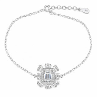 Superior Silver 1mm sterling silver cable bracelet featuring an emerald cut moissanite flower charm with 1ct weight.