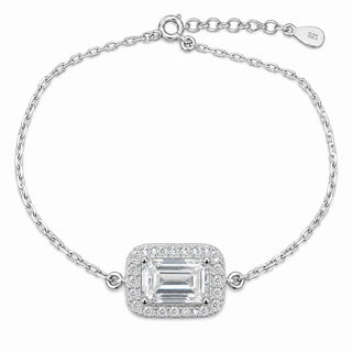 Superior Silver 1ct emerald cut moissanite halo bracelet on a 1mm sterling silver cable chain with extension