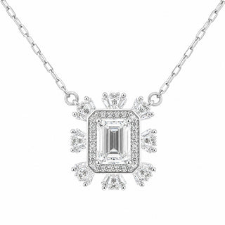 Superior Silver 1ct emerald cut moissanite flower pendant on a 1mm sterling silver cable chain necklace.