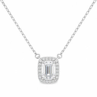 Superior Silver 1ct emerald cut moissanite halo pendant on a 1mm sterling silver cable chain necklace