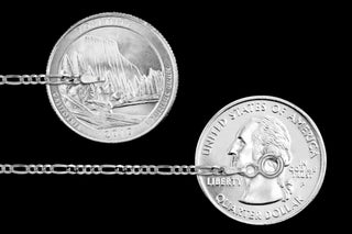 Superior Silver 2.5mm Italian sterling silver figaro chain shown against US quarters for scale
