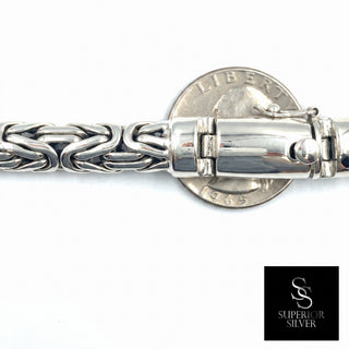 Superior Silver 7.9mm flat Byzantine link chain in polished rhodium over 925 sterling silver with a secure box clasp