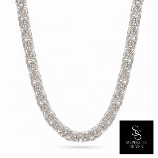 Superior Silver 24-inch flat Byzantine chain necklace in polished rhodium over 925 sterling silver with box clasp.