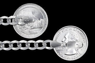 Superior Silver 6.7mm flat curb chain in 925 sterling silver with lobster clasp, shown next to US quarters for scale.