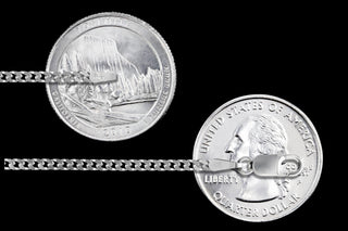 Superior Silver 2.1mm flat curb chain in 925 sterling silver with a lobster clasp, shown against US quarters.
